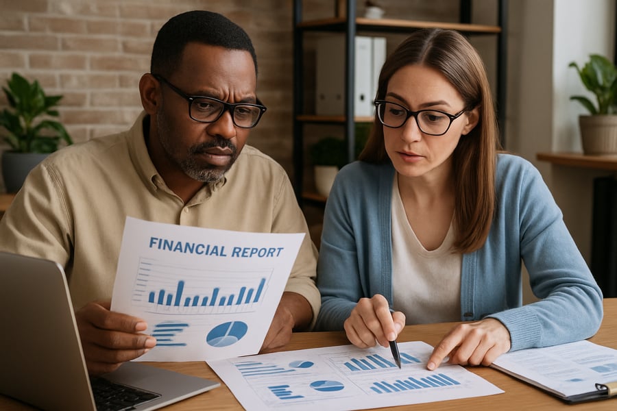 Small business owner reviewing financial reports with a bookkeeper Small business owner reviewing financial reports with a bookkeeper